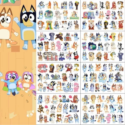 ​8 Sheets For BLUEY Themed Temporary Tattoos Cartoon Sticker for Kids Teenagers