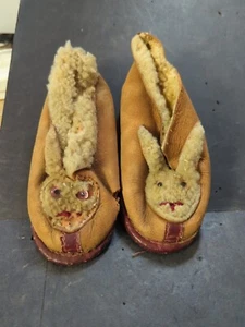 Antique Victorian Child's Leather Bunny Slippers - Picture 1 of 12