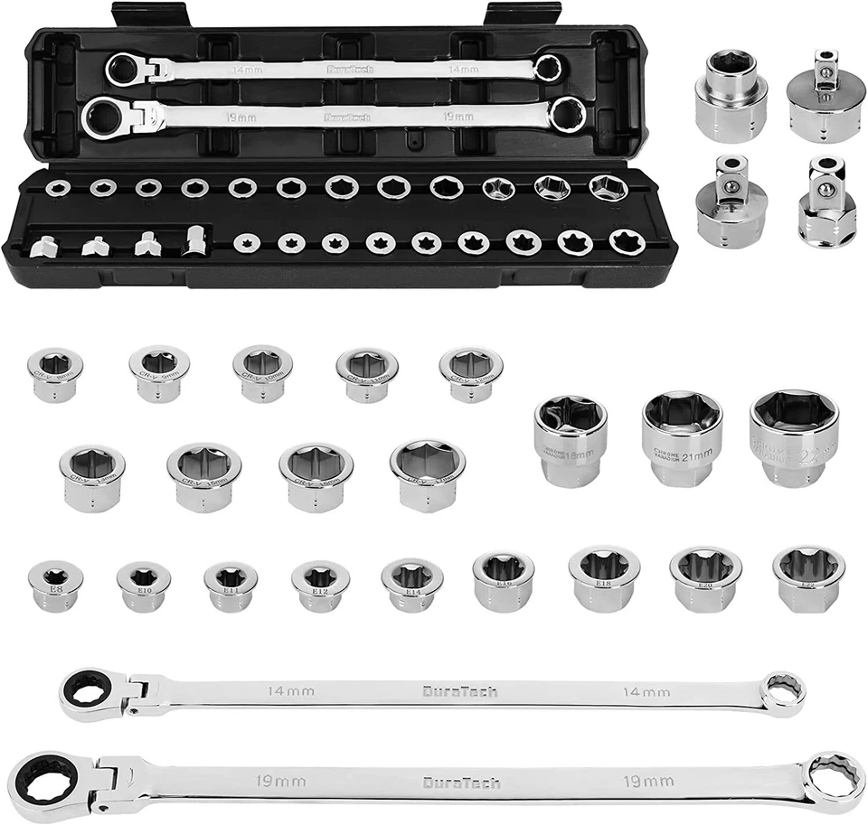 DURATECH 27PCS Extra Long Flex Head Ratcheting Wrench Set Double Box End 8-22mm - Image 1 of 4