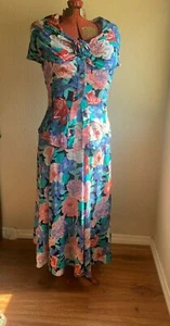 BEAUTIFUL VINTAGE 80's TWO PICE OUTFIT FLORAL PRINT FABRIC BRIGHT HAPPY COLORS  - Picture 1 of 10