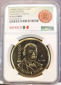 1990 MEXICO 100000 PESOS BRASS PATTERN PLUTARCO E CALLES NGC PF 69 CAMEO TOP POP - Picture 1 of 3