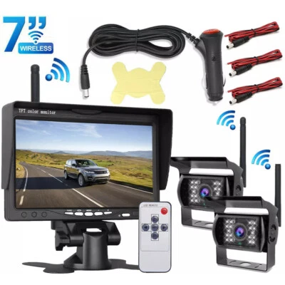 7" Wireless Rear View Kit HD LCD Monitor Dual Wireless Reversing Camera 12V/24V - image 1 of 4
