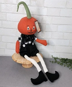 Halloween Primitivo Estilo Vintage Cabeza de Calabaza Niño Muñeca Estante Cuidador 33" NUEVO - Imagen 1 de 9