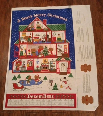 Vtg Beary Merry Christmas Advent Calendar Fabric Panel w/ Bears & Instructions - Image 1 of 4