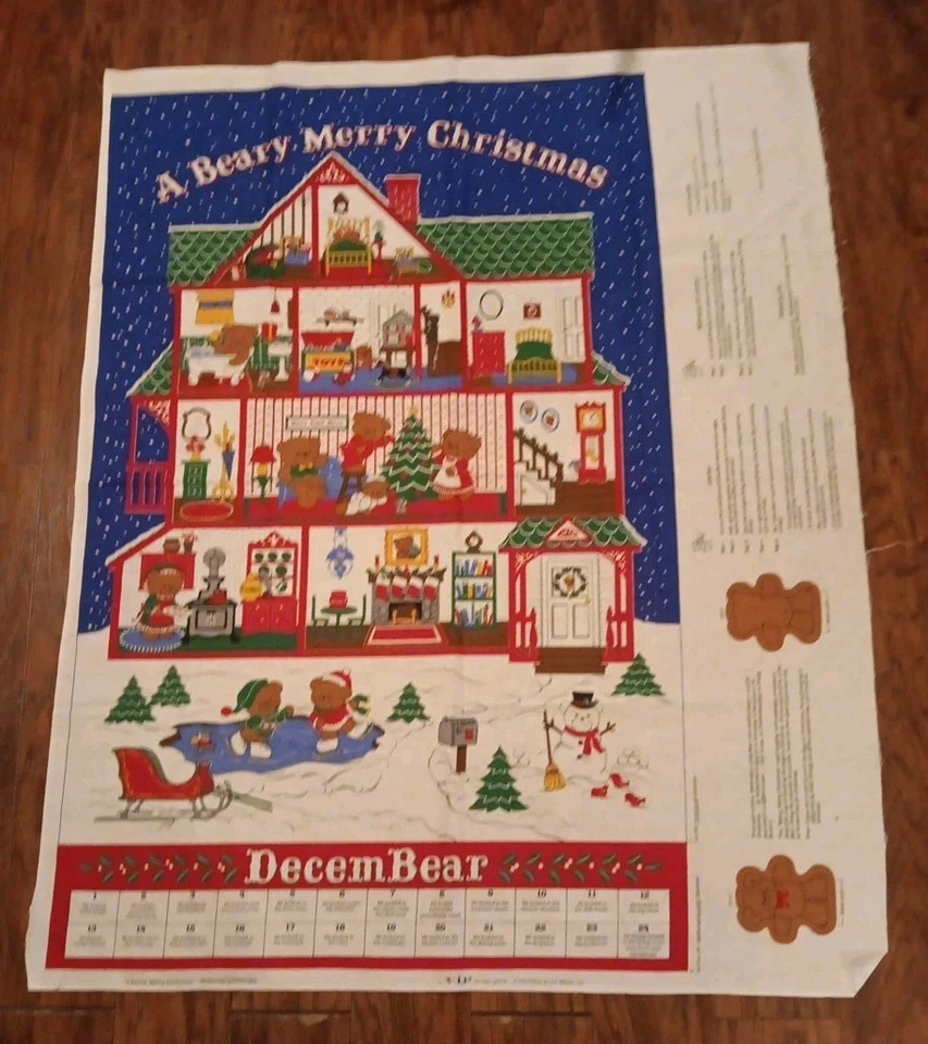 Vtg Beary Merry Christmas Advent Calendar Fabric Panel w/ Bears & Instructions - Image 1 of 4
