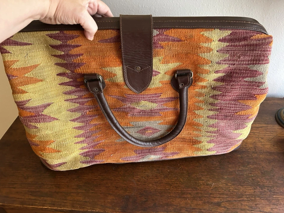 Turkish Kilim Wool Leather Weeken Duffel Travel Carpet Bag  - Image 1 of 4