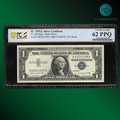 FR.1620 1957A $1 One Dollar Silver Certificate, Blue Seal, PCGS 62 PPQ, 41189 - Image 1 of 2