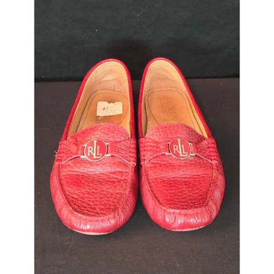 Ralph Lauren Red Leather Loafers Women's Size 8 RLL Gold Logo Slip On - Image 1 of 4