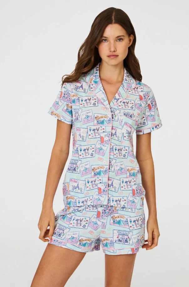 NUEVO NUEVO CON ETIQUETAS Roller Rabbit Paris Mono Polo Pantalones Cortos Pijama AGOTADO ESTAMPADO XS Foto 1 de 4