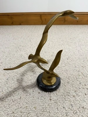 Vtg Jere Style 3 Birds In Flight Brass Sculpture Black Base Seagulls MCM Statue - Image 1 of 4