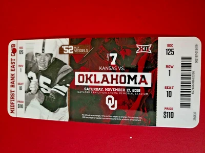 2018 Oklahoma Sooners v Kansas Jayhawks Football Ticket. Billy Vessels Photo. - Image 1 of 2