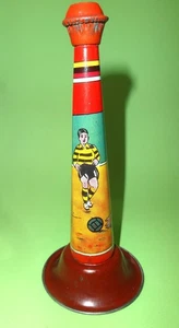 TIN LITHO HORN WHISTLE w/SOCCER FOOTBALL DEPICTION GREEK PENNY TOYS 1950's Rare! - Picture 1 of 8