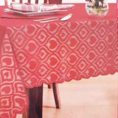 Valentines Day Lace Fabric Tablecloth 60x84 Red Hearts - Image 1 of 3