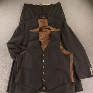 VTG 3 Piece Suit M Gray Chalk Stripe 100% Wool Hopsack USA 42R 37x27 - Picture 1 of 22