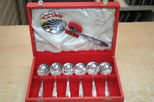 VINTAGE Sheffied MONOGRAM CUTLERY 6 Desert Spoons + Serving Spoon BOXED - Picture 1 of 13