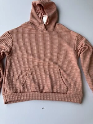 Womens Pink Waffle-Knit Hoodie kangaroo pocket Cozy Size L - Image 1 of 4