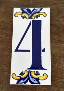 Vintage Ceramic Tile Blue & Yellow Address House Number 4 Made In Spain 6” X 3” - Picture 1 of 2