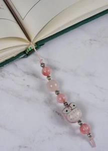 Owl Beaded Leather Thong Bookmark Rose Cherry Quartz Handmade Pink Silver New - Picture 1 of 4