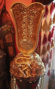 ON HOLD Gold Sequined Headpiece/Crown w/Golden Green Eyed Snake/Bead Strands - Picture 1 of 11