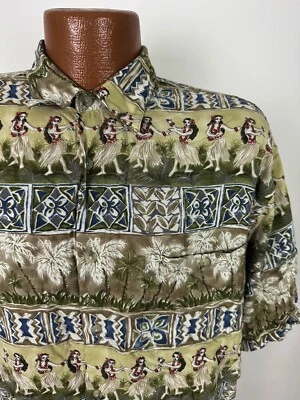 Campia Moda Hawaiian Shirt Men Large Beige Geometric Striped Hula Dancer Aloha - Image 1 of 4