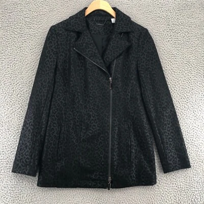 Chicos Jacket Womens 00 US 0 Black Leopard Print Faux Suede Elongated Moto Zip - Image 1 of 4