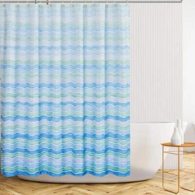 Tela de pintura artística cortina de ducha ondulada acuarela azul verdoso para autocaravana 72x72 pulgadas Foto 1 de 4