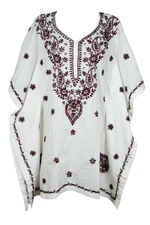 White Maron Cotton Caftan Floral Embroidered Kimono Resort Wear Cover Up Dress M