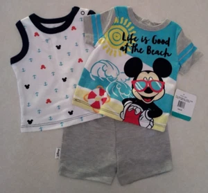 Disney Baby Size 0/3M Mickey Mouse 3 PC Life Is Good At The Beach Short Set NWT - Picture 1 of 15