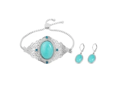 Pulseira e brincos de cristal azul e amazonita natural em aço inoxidável puro - Imagem 1 de 4