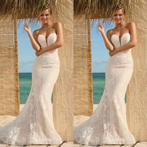 Elegant Mermaid Wedding Dresses Sweetheart Sweep Train Lace Applique Bridal Gown - Picture 1 of 7