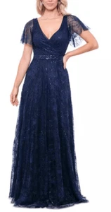 Betsy & Adam Sequined Lace Dress Size 12 Dark Blue Short Sleeve V Neck Lined - Picture 1 of 10