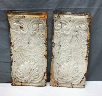 ONE Antique Pair 6" x 13" Tin Fleur De Lis  Shabby Shell Panels VTG Old 1668-23B - Image 1 of 4