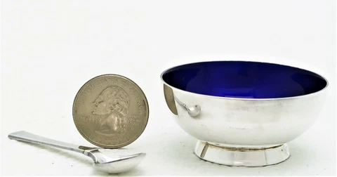 Sterling Silver Cobalt Blue Enamel Salt Dip Marked A. Michelsen Denmark & Spoon Cover