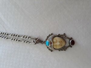 Pendant turquoise,ruby, silver, ivory 100 year old