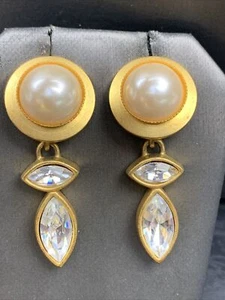 Vintage Dressy Faux Pearl Glass Crystal Dangle Pierced Earrings 1 3/4” - Picture 1 of 8