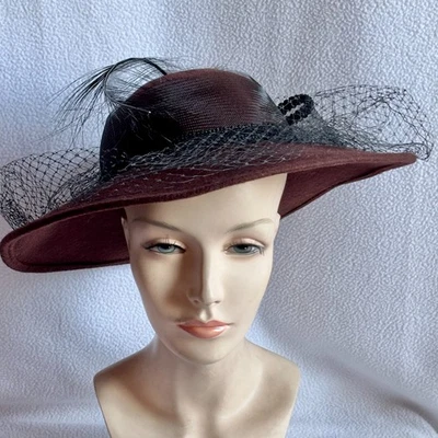 Sombrero de ala ancha marrón vintage con pluma, lazo, red Foto 1 de 4
