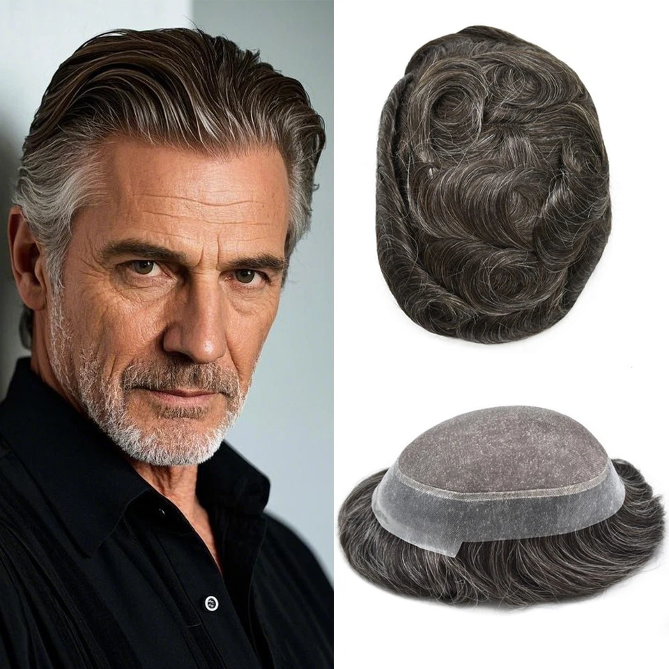 Peluca fina mono toupee para hombres sistemas de cabello humano piel delgada alrededor de hombre Foto 1 de 4