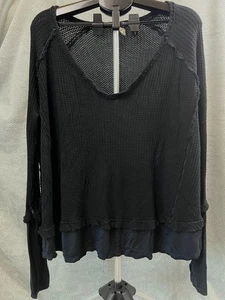 We The Free People Laguna Thermal Waffle Top Thumbhole Black Oversized Medium - Picture 1 of 9