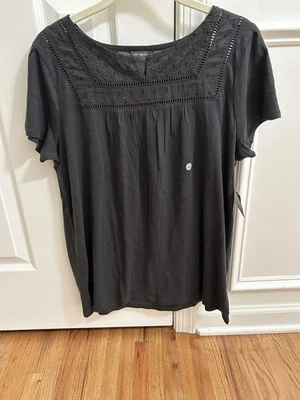 Blusa Top Eddie Bauer Mujer Negra Pequeña Grande Cuello Dividido SS Bordada Nueva con Etiquetas Foto 1 de 4