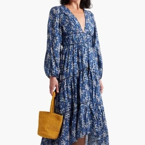 Ulla Johnson Floral Print Joan Gathered Jacquard Midi Dress in Cornflower Blue - Picture 1 of 11