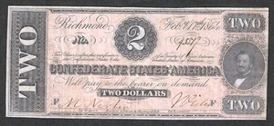 MONEDA DE $2 ESTADOS CONFEDERADOS DE 1864 ~ JUDAH BENJAMIN ~ BILLETE ATRACTIVO - Imagen 1 de 2
