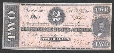 1864 $2 CONFEDERATE STATES CURRENCY ~ JUDAH BENJAMIN ~ ATTRACTIVE NOTE - Image 1 of 2