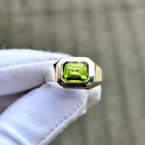 Men’s Emerald Cut Peridot Ring 925 Sterling Silver Statement Birthstone Jewelry - Picture 1 of 8