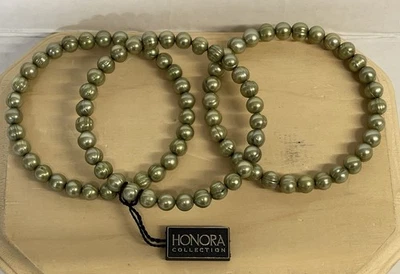 Honora GREEN Cultured Freshwater Pearls Bangle Bracelet Set Of 3 NON-Stretch 8" - Image 1 of 2