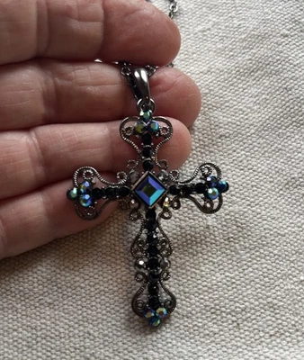 Lia Sophia Blue Cut Crystal Large 2" Cross Pendant Necklace 12.5" Drop - Image 1 of 4