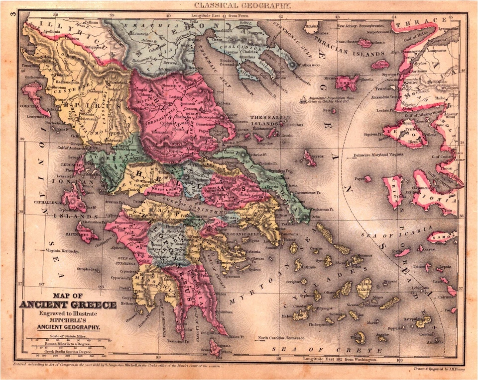"MAPA DE LA ANTIGUA GRECIA" Antiguo mapa coloreado a mano 1856 Foto 1 de 1