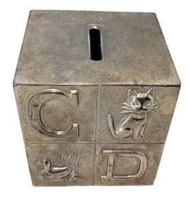 Vintage Silver-Plated ABC Child's Metal Coin Bank Blocks & Animals/FUN TO SAVE - Picture 1 of 6