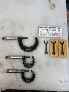 3 Vintage Starrett Micrometer Caliper No. 436P 1 & 2 Inch w/ Paperwork Wrench - Picture 1 of 4