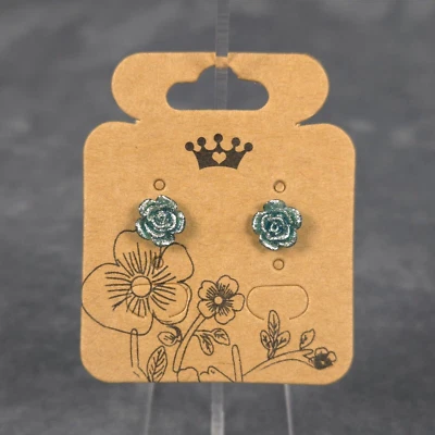 Pendiente Flor Rosa Brillo Azul Teal Acero Inoxidable Mariposa/Silicona Trasera Foto 1 de 2