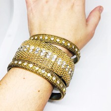 Rhinestone Bangle Bracelet Set Stack Glam Chic Gypsy Sparkle Chunky Gold Tone